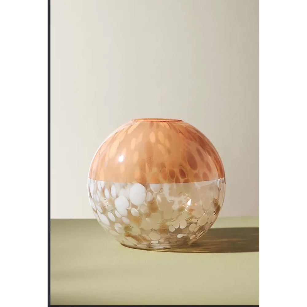 Anthropologie Bela Art Glass Round Vase Peach White Speckled Small